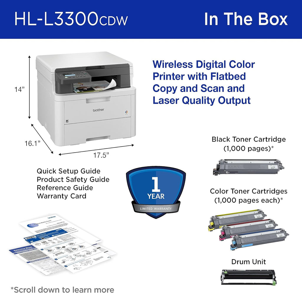 Brother HL-L3300CDW Wireless Digital Color Multi-Function Printer with Laser Quality Output, Copy & Scan, Duplex, Mobile | Includes 2 Month Refresh Subscription Trial ¹, Works with Alexa
