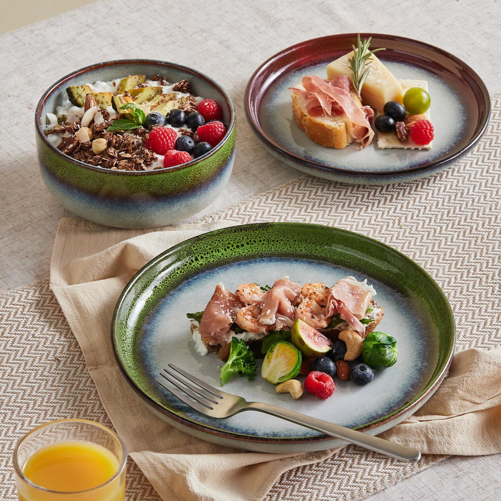 KINGSTONE Stoneware Dinnerware Sets for 4, 12-Piece Reactive Glaze Plates and Bowls Sets, Scratch-Resistant Rustic Ceramic Dish Set for Daily Party Gifts, Microwave Dishwasher Safe, Kiln-Fired Green