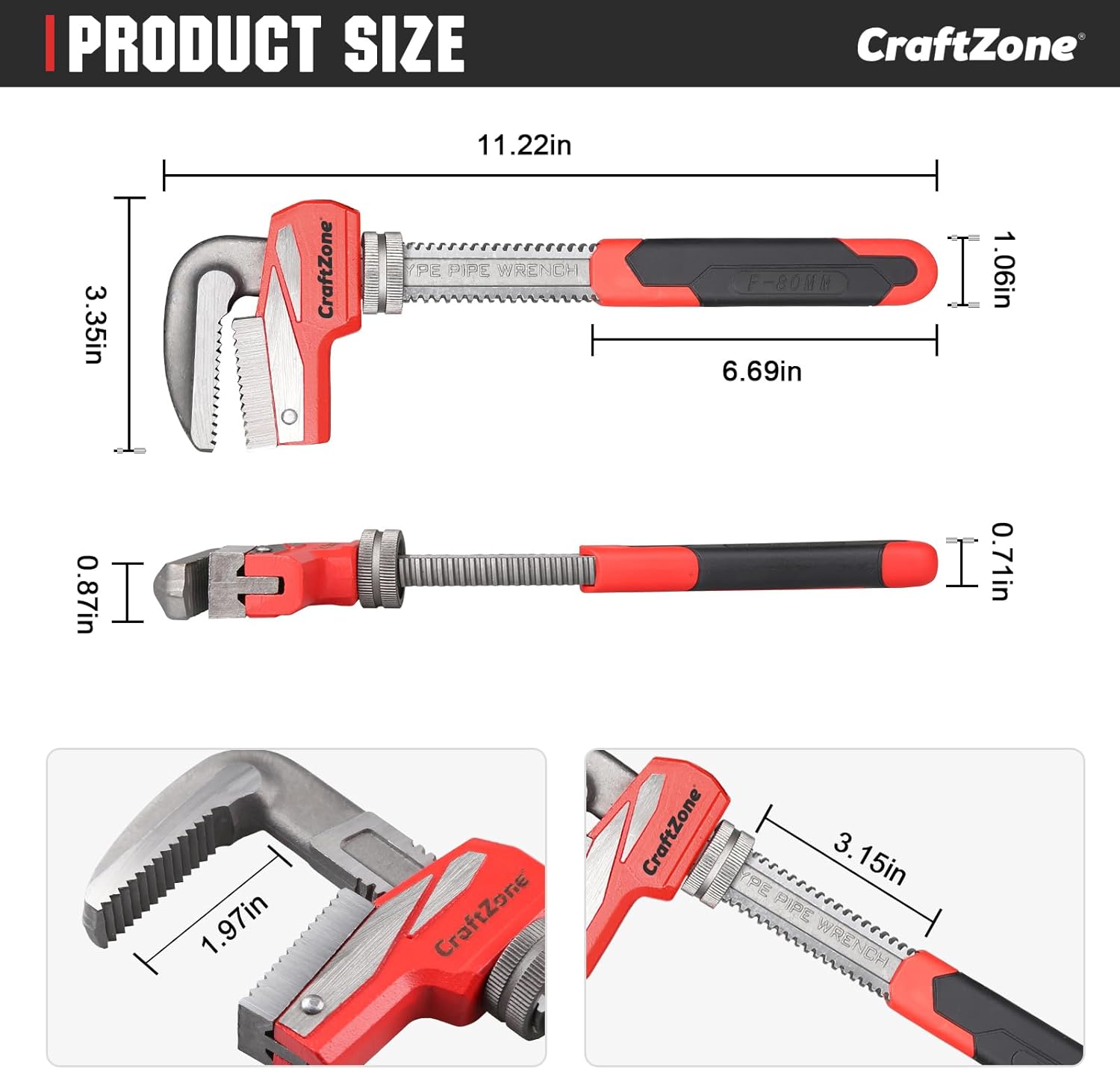 F-Type Pipe Wrench with Adjustable Large Opening Up to 80mm, Heavy Duty Steel Plumbing Tool with Drop Forged Jaw for Pipe Work and Comfortable Use