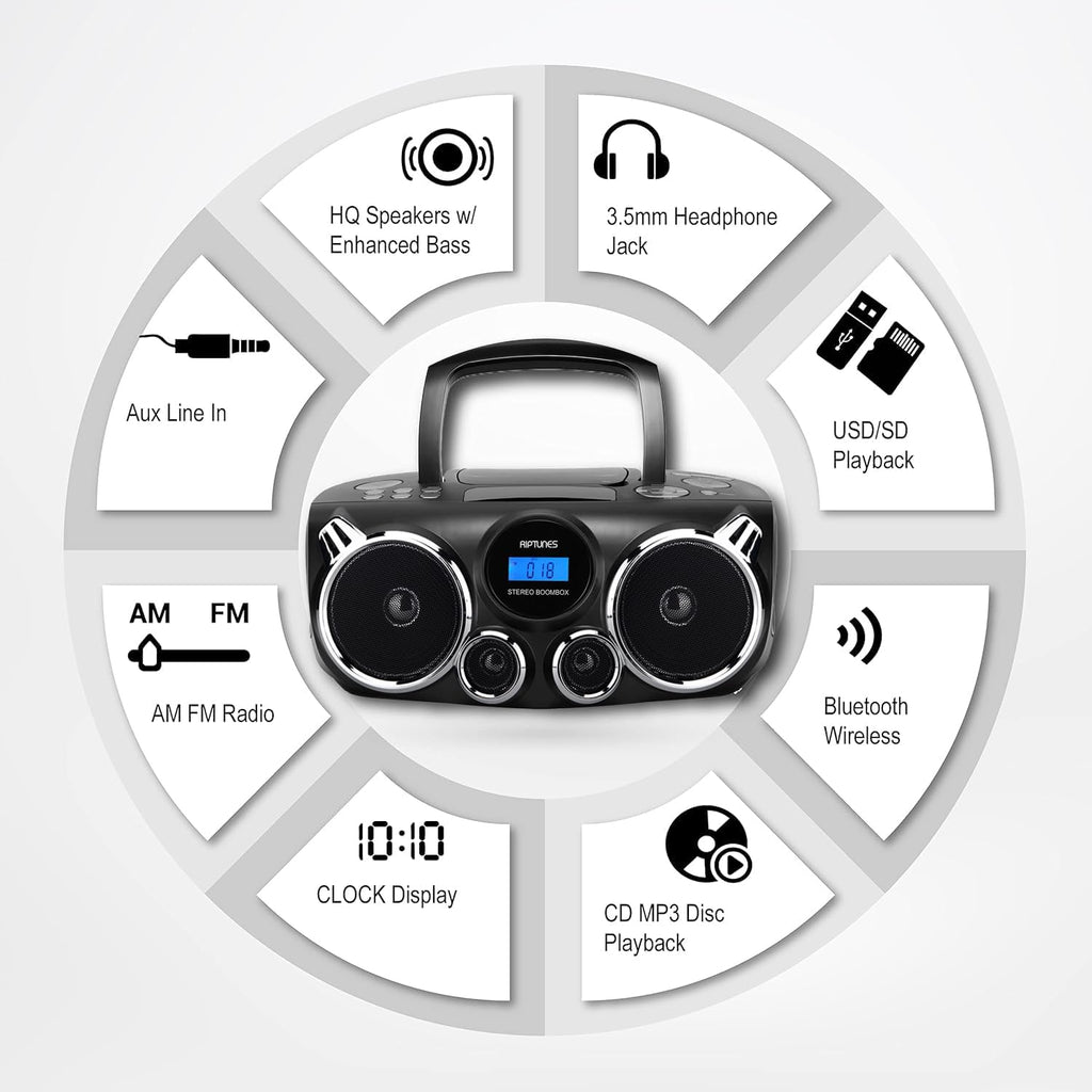 RIPTUNES Portable CD Player Bluetooth Stereo Sound, Digital AM FM Radio, MP3 CD Boombox USB SD Playback with Enhanced Bass, Aux in, Headphone Jack, CD-R/CD-RW Compatible, LCD Backlit Display, Black