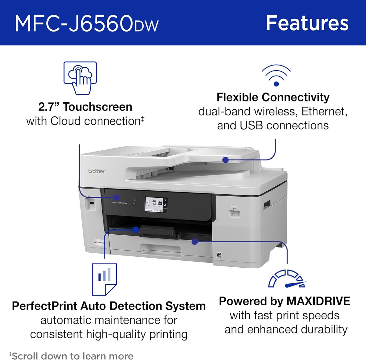 Brother INKvestment 6560 Wireless Color Inkjet All-in-One Printer with 11”x17” Capabilities and 2.7” Color Touchscreen | Includes Refresh Subscription Trial(1) (MFC-J6560DW)