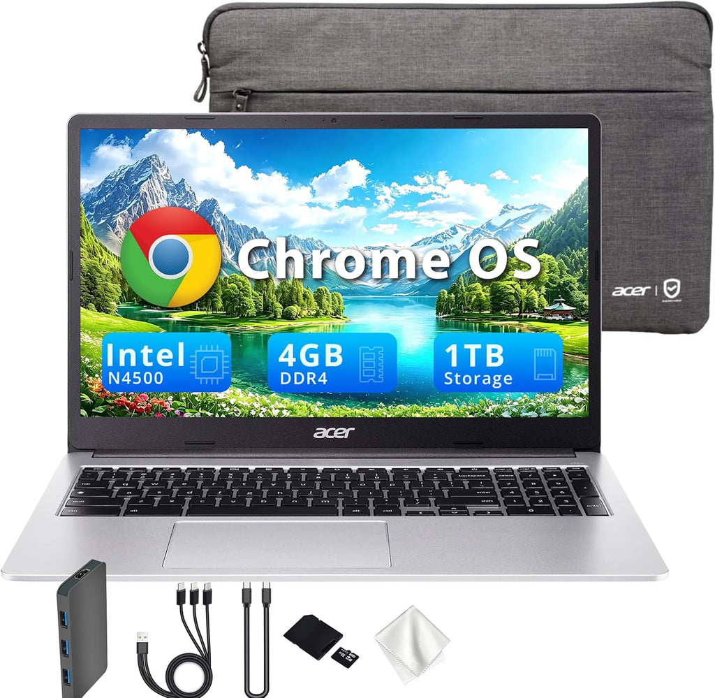 Acer Chromebook 315 15.6" FHD Laptop, 4GB LPDDR4 RAM, 1TB Storage(64GB eMMC & 1TB Docking Station Set), Intel Celeron N4500, Intel UHD Graphics, Numeric Keypad, HD Webcam, Silver, Chrome OS