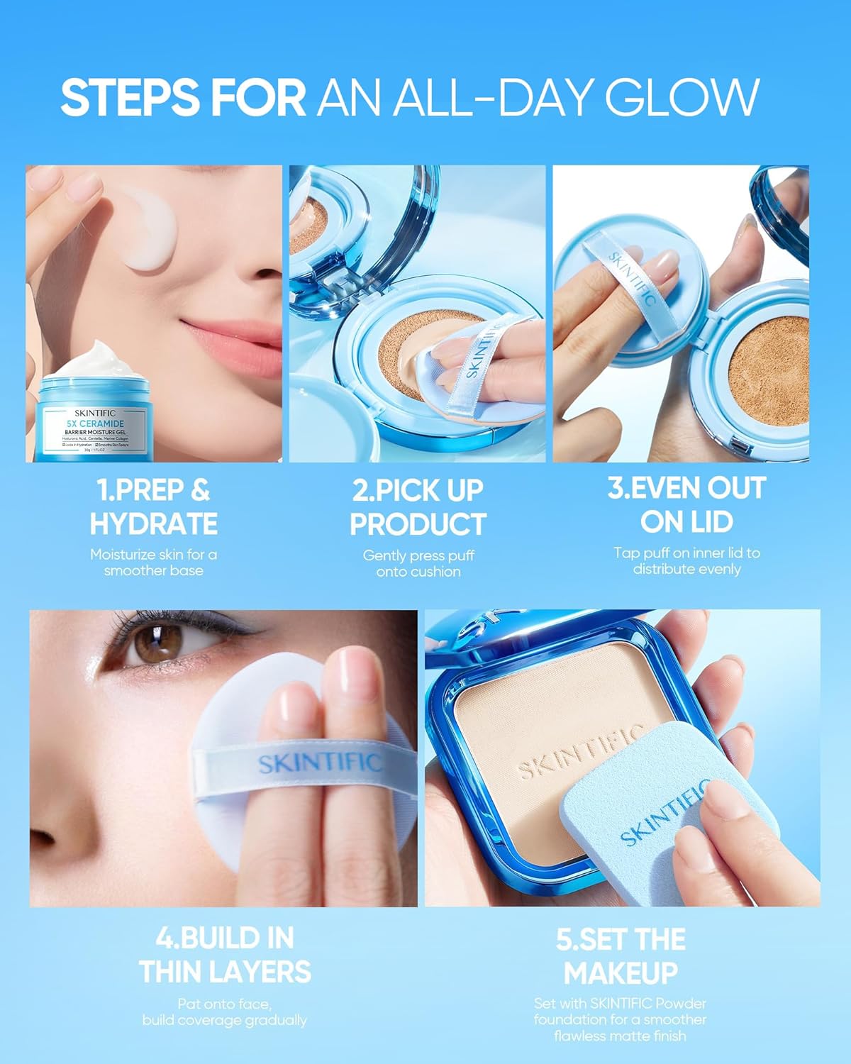 SKINTIFIC Velvet Matte Cushion Foundation Blue #01C Rose Ivory| Full Coverage,12H Oil Control,Ideal for Oily & Combination Skin,Waterproof,Long-Lasting, Lightweight, Hydrating,Transfer-Proof