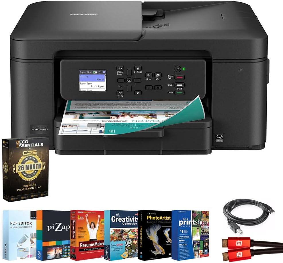 Brother Work Smart 1360 Wireless Color Inkjet All-in-One Printer Bundle with 26‑Month Protection Plan, Printer Essentials Digital Download, 6FT HDMI 2.0 Cable & 6FT USB Type‑A to Type‑B Cable