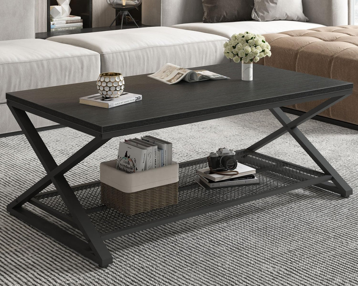 LVB Black Coffee Table, Wood Metal 2 Tier Center Tables with Storage Shelf, Modern Rectangular Concrete Tea Table for Living Room, Wooden Middle Cocktail Table for Office Bedroom, 47 inch, Black Oak