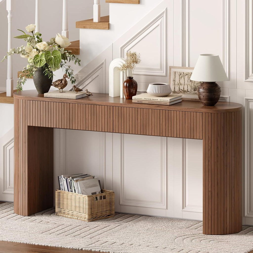 63 Inch Console Table with 2 Drawers, Fluted Entryway Tables with Storage, Sofa Table Behind The Couch, Hallway Tables, Mid-Century Modern Foyer Table for Entryway, Hallway, Living Room, Walnut