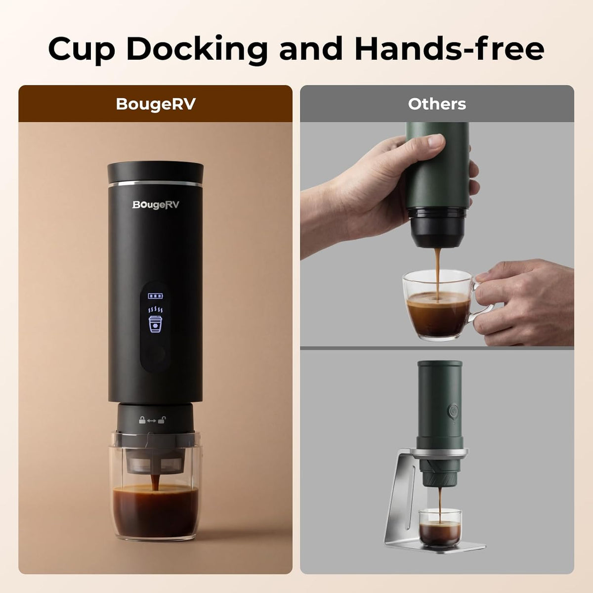 BougeRV Portable Drip Coffee Maker Compatible with K Cup & Ground Coffee, Electric Car Coffee Machine Self-Heating LCD Display USB-C for Travel, Bussiness Trips, Hotel, Camping, Office, Outdoors
