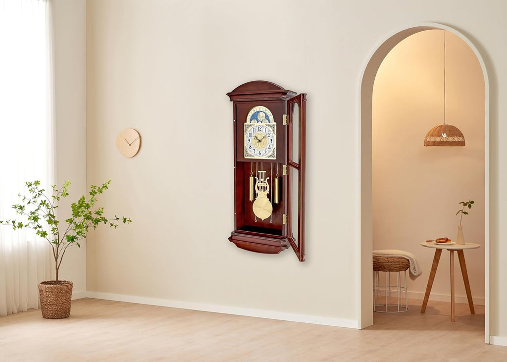 Bulova Litchfield Large Regulator Wall Clock, Model C4332 | Classic Pendulum Design | Harmonic Hourly Chime | Brown Cherry Finish