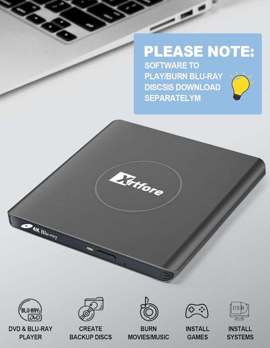 External 4k blu ray Drive,Aluminum 4k blu ray Burner with Carry Case,USB 3.0 uhd Player,DVD+/-RW External Optical Drive for MacBook Pro Windows Laptop