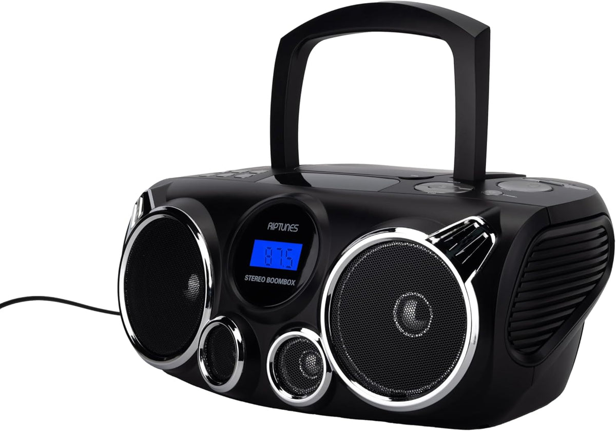 RIPTUNES Portable CD Player Bluetooth Stereo Sound, Digital AM FM Radio, MP3 CD Boombox USB SD Playback with Enhanced Bass, Aux in, Headphone Jack, CD-R/CD-RW Compatible, LCD Backlit Display, Black