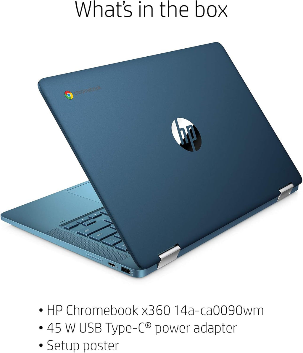 Laptop HP X360 14a Chromebook 14" HD Touchscreen, Entertaining from Any Angle Intel Celeron, 4GB LPDDR4 64GB eMMC WiFi Webcam Stereo Speakers Bluetooth 4.2 Chrome Blue Metallic Color (Renewed)