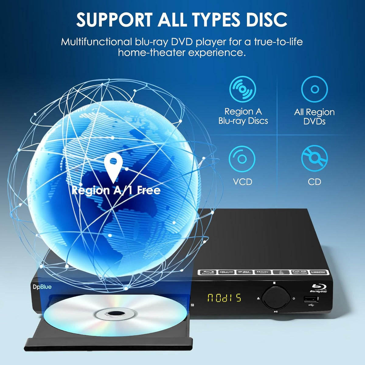 BLU RAY Player,1080P Full HD Blu-ray DVD Player for TV/Projector Home Theater Blu Ray Discs Player Support Region A/1 Blu-ray Discs,CD DVDs VCD,U Disk HDD Playback HDMI/AV/Coaxial Output