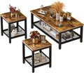 AWQM Coffee Table Industrial Coffee Table with 2 Square End Side Tables, Modern Living Room Table Set with Metal Frame for Apartment Home Office, Rustic Brown Set001