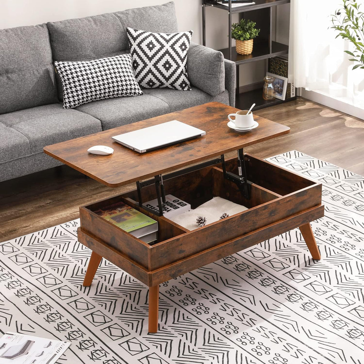 Lift Top Coffee Table, Easy-to-Assembly Center Table with Hidden Storage Compartment, Industrial Lift Tabletop Dining Table for Living Room Reception/Home Office, Rustic Brown