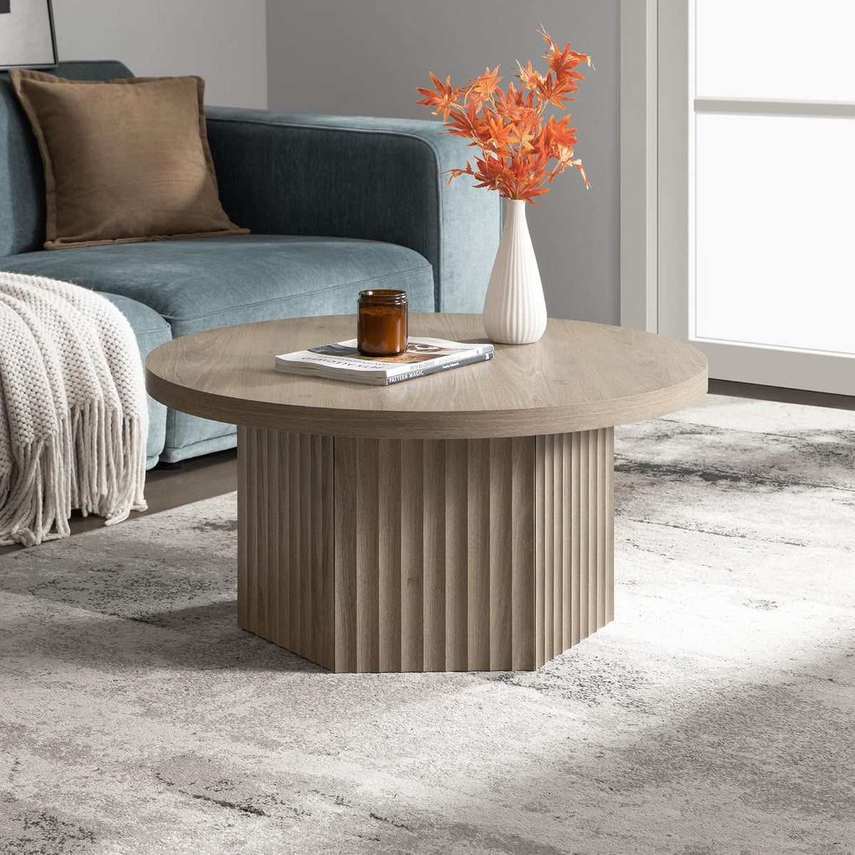 SICOTAS Round Coffee Table for Living Room, Modern Fluted Circle Center Coffee Table with Storage, 32" Accent Tea Dining Table for Apartment, Grey Alder