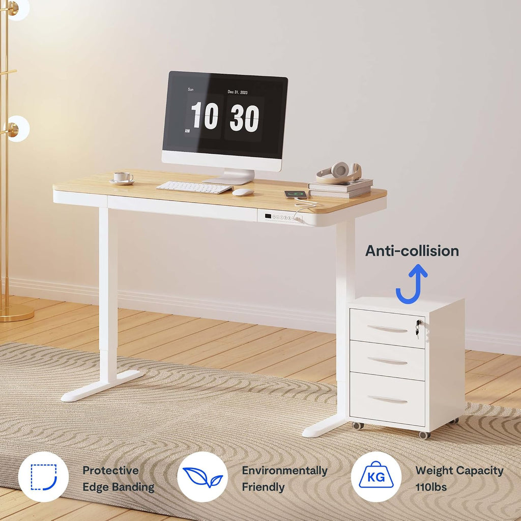 FLEXISPOT Comhar Electric Standing Desk with Drawer Desktop & Adjustable Frame w/USB Charge Ports (Bamboo-Look Laminate/White, Wood)