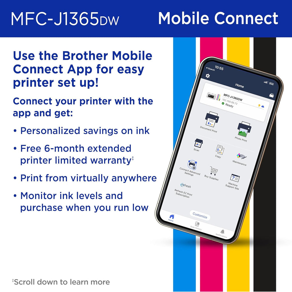 Brother INKvestment 1365 Wireless Color Inkjet All-in-One Printer with Automatic Duplex Printing and 1.8” Color Display | Includes Refresh Subscription Trial(1) (MFC-J1365DW)