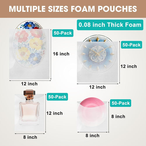 200PCS Dish Packing Supplies for Moving, 4 Sizes (16"x12", 12"x12", 12"x7.8", 7.8"x7.8") Cushion Foam Pouches for Moving, Shipping and Storage, Moving Supplies for Fragile Items, Packing Material Kit