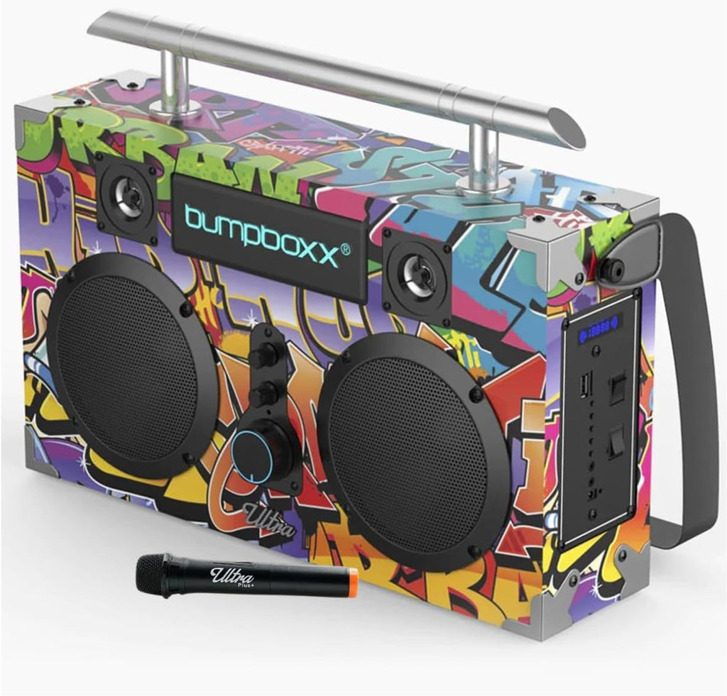 Bumpboxx Bluetooth Boombox Ultra Plus | Retro Boombox with Bluetooth Speaker | Includes Rechargeable Lithium Battery, Carrying Strap & Mic | Easy to Carry | NYC Graffiti