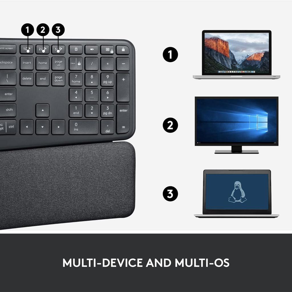 Logitech Ergo K860 Wireless Ergonomic Keyboard - Split Keyboard, Wrist Rest, Natural Typing, Stain-Resistant Fabric, Bluetooth and USB Connectivity, Compatible with Windows/Mac, Black