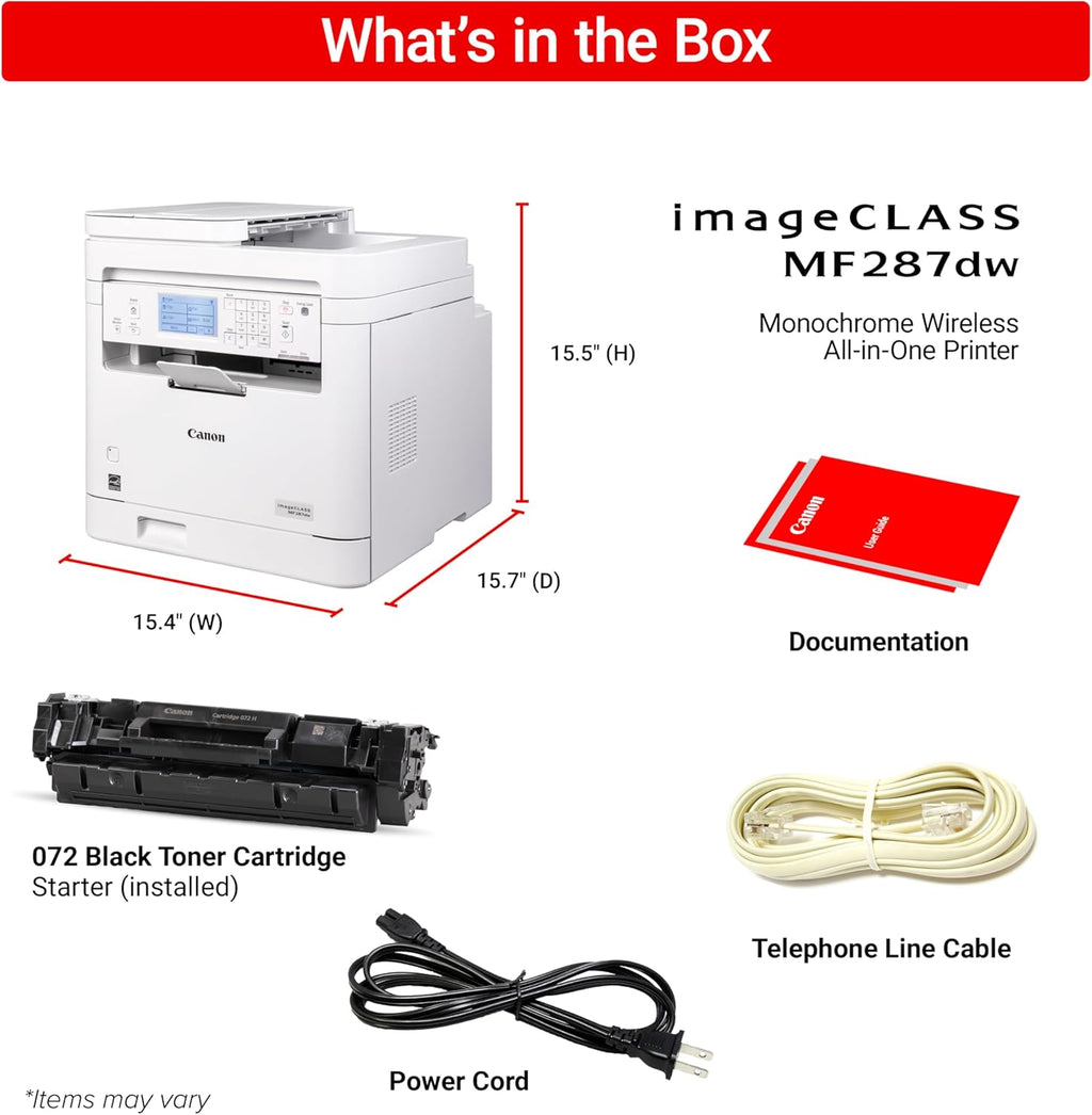 Canon imageCLASS MF287dw - Monochrome, Duplex, Wireless Laser Printer, All-in-One Print, Copy, Scan, Fax, Auto Document Feeder, 1 Year Limited Warranty, 35 PPM, White