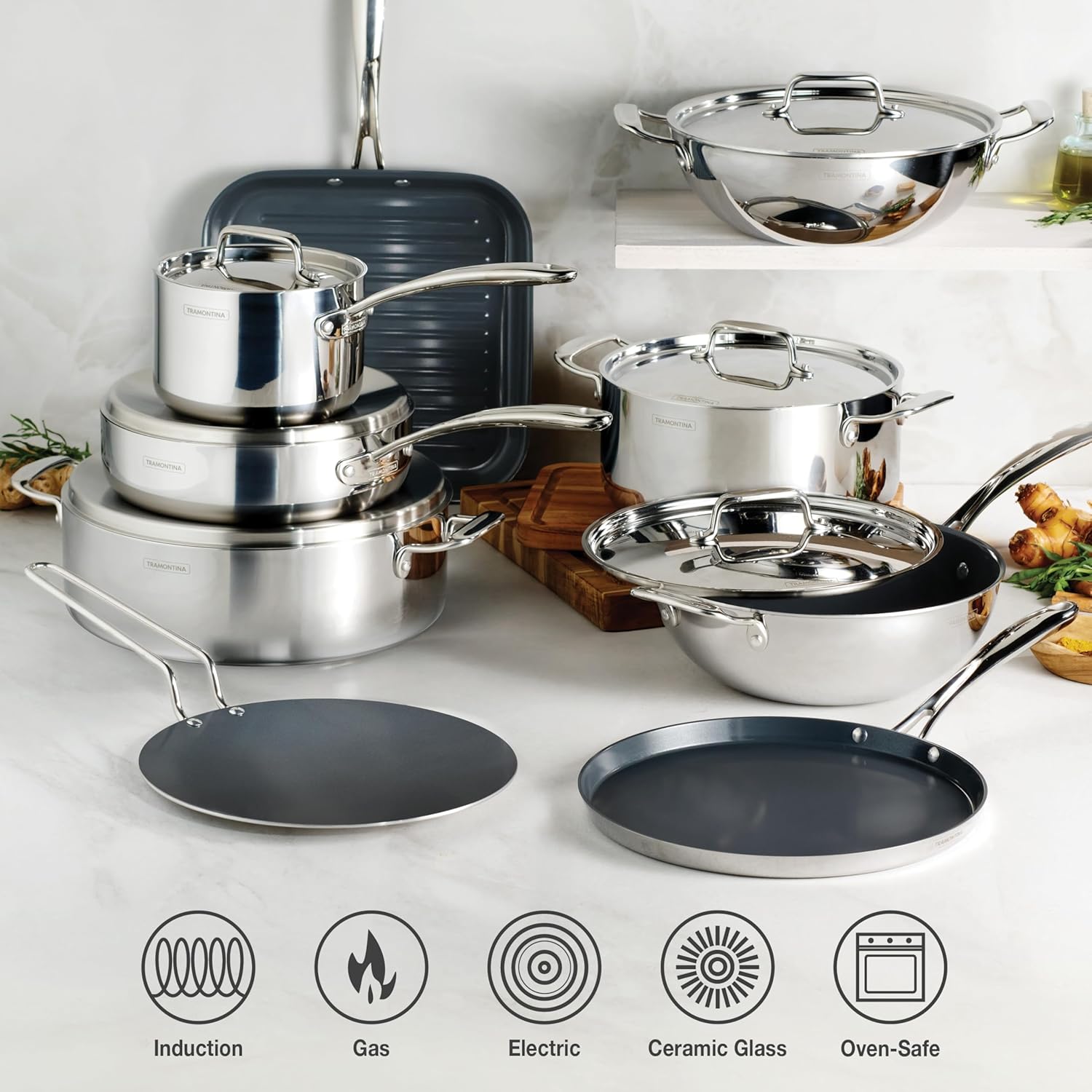 Tramontina Utsava Tri-Ply Clad Stainless Steel 2.2-Quart Sauce Pan with Lid and Ceramic Non Stick Interior, Induction-Ready Small Saucepan