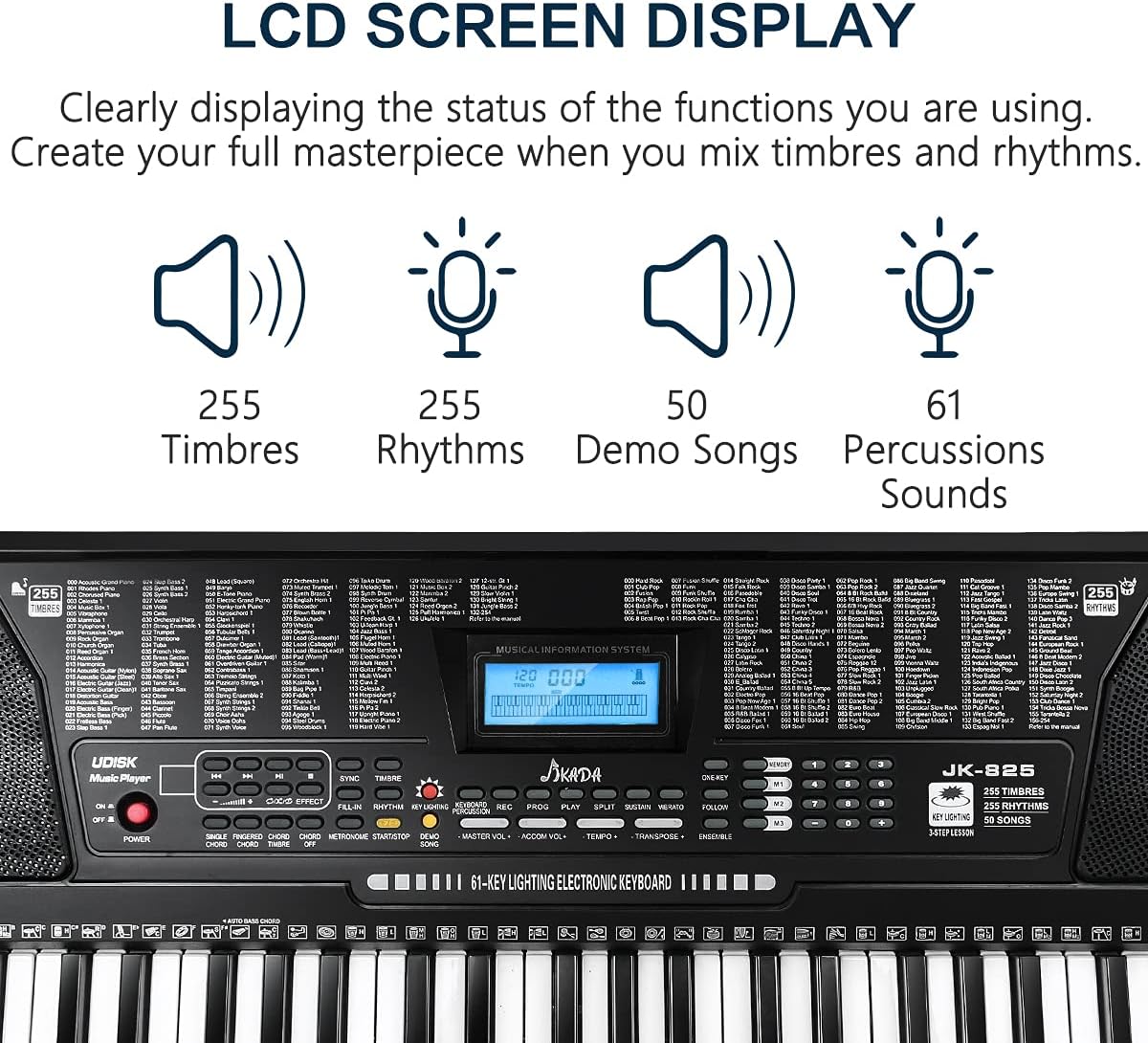 61 Key Portable Electronic Keyboard Piano w/Lighted Full Size Keys, LCD, Headphones, X-Stand, Stool, Music Rest, Microphone, Note Stickers, Built-In Speakers,3 Teaching Modes