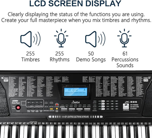 61 Key Portable Electronic Keyboard Piano w/Lighted Full Size Keys, LCD, Headphones, X-Stand, Stool, Music Rest, Microphone, Note Stickers, Built-In Speakers,3 Teaching Modes
