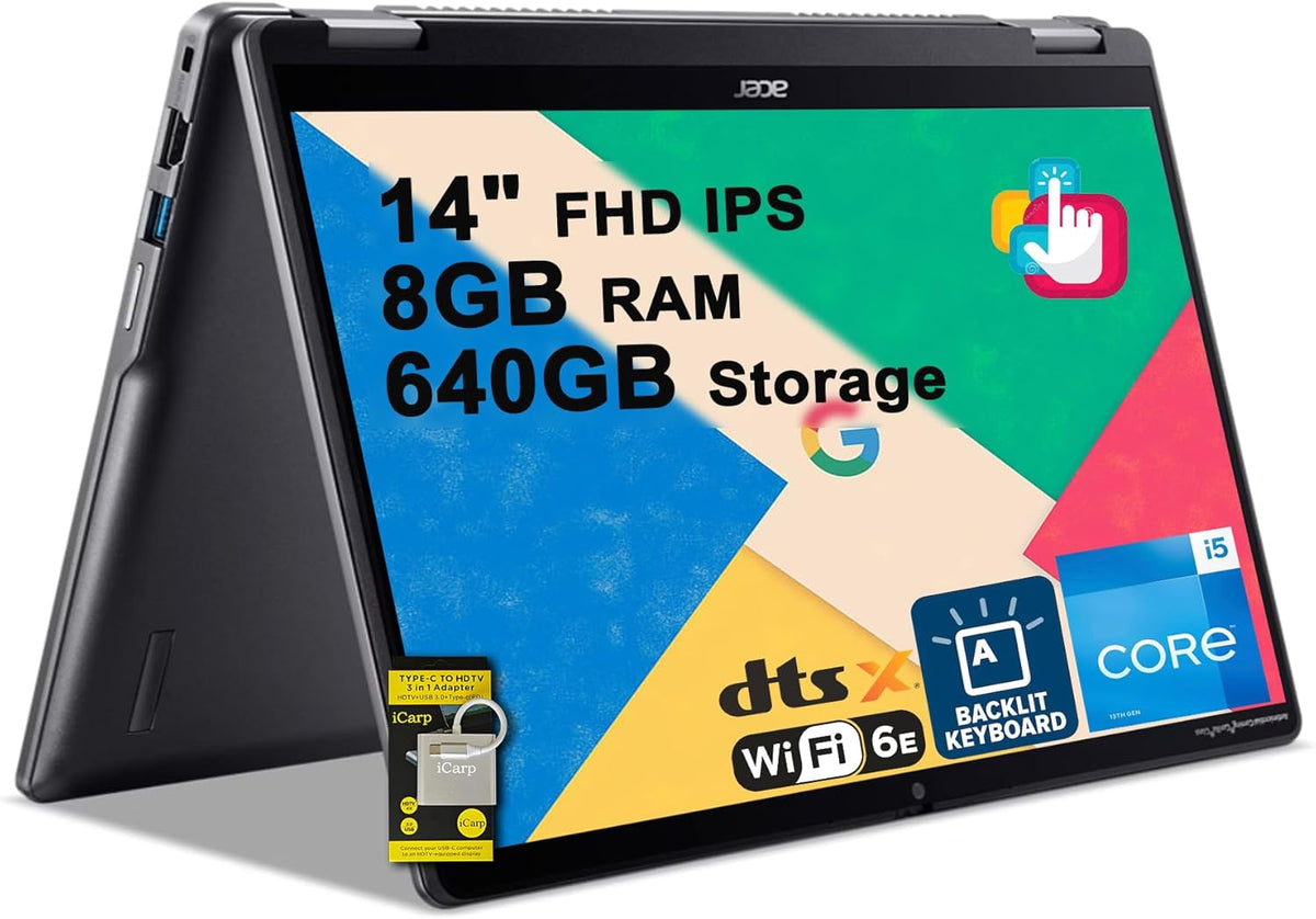 acer Chromebook Plus Spin 514 2-in-1 Laptop 14" FHD IPS Touchscreen (100% sRGB) Intel 10-core i5-1334U 8GB RAM 640GB Storage (512GB SSD + 128GB SD Card) Backlit Type-c Fast Charge ICP Hub w/Google AI