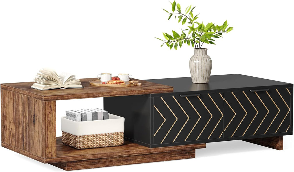 LITTLE TREE Expandable Wooden Coffee Table with 2 Drawers, Space-Saving Rectangular Farmhouse Center Table, Perfect for Living Room and Office, Brown and Black