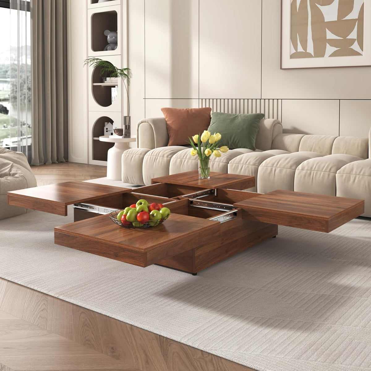 Merax 39.4'' Square Coffee Table, Sliding Top with Ample Storage, Walnut Grain Veneer Finish Modern Center Tables for Living Room Apartment, Walnut