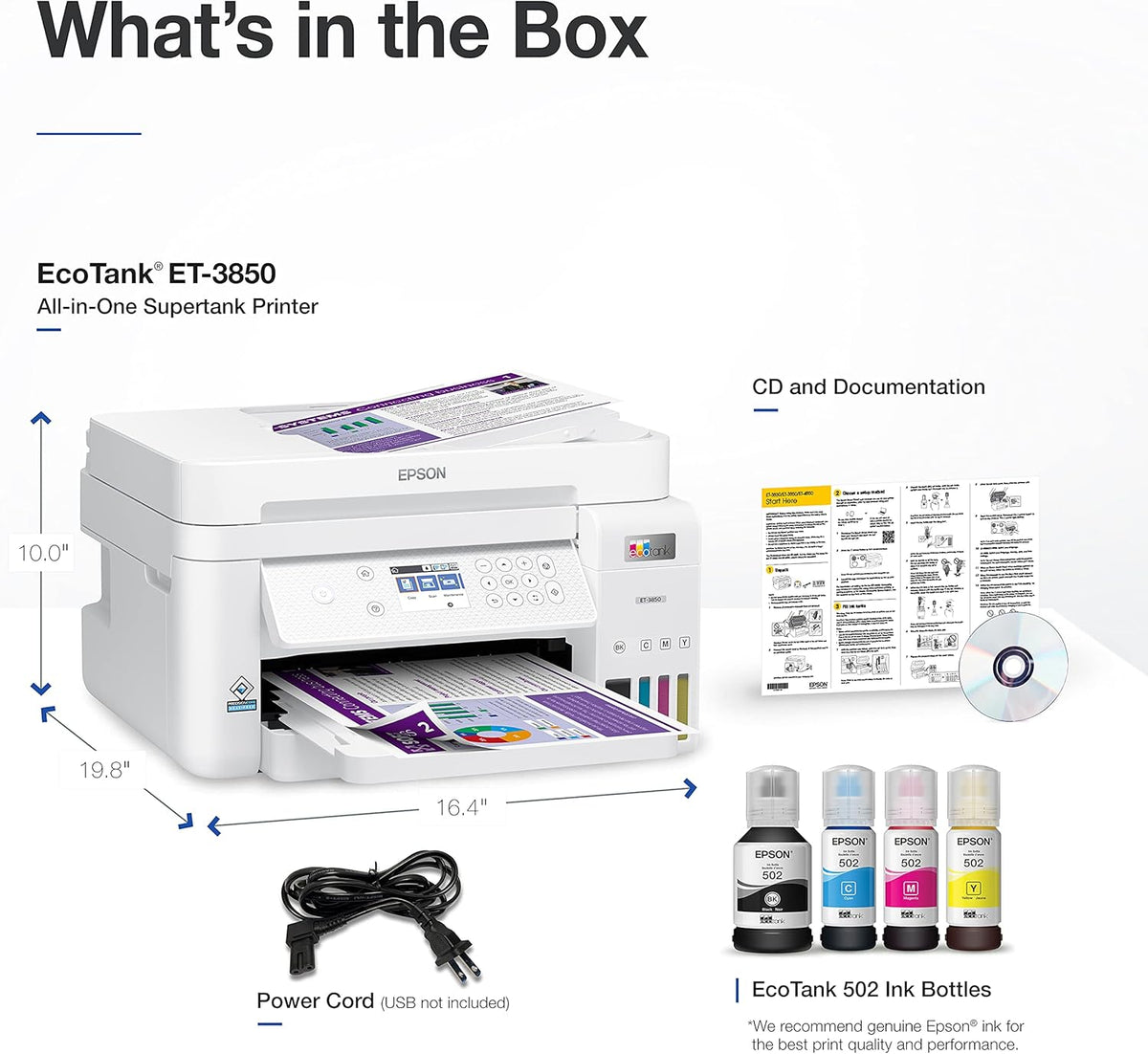 Epson EcoTank ET-3850 Wireless Color All-in-One Cartridge-Free Supertank with Scanner Copier, ADF and Ethernet â€“ The Perfect Printer Home Office,White