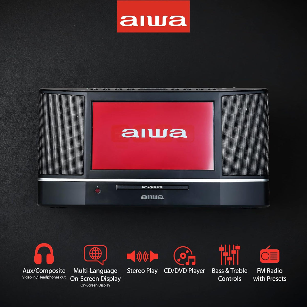 aiwa Cinema Mirror Cast Video Audio System, 10” TFT Screen, 15W Stereo, CD/DVD Player, Screen Mirroring, HDMI/USB/AV/AUX Inputs, FM Radio, Roku/Fire Stick/Google/Apple TV Compatible (Black)