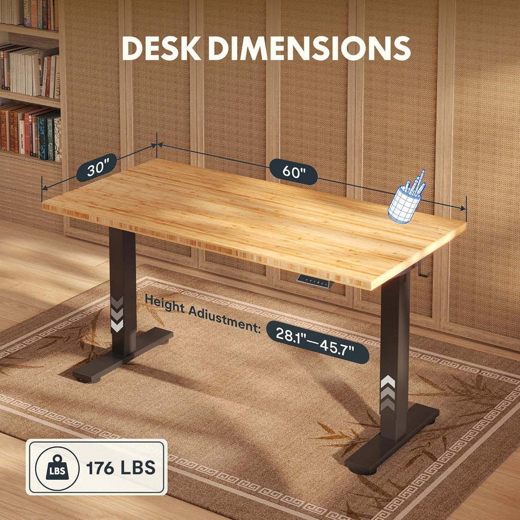 FLEXISPOT Solid Wood Standing Desk, One-Piece Real Wood Desktop, Electric Height Adjustable Desk for Home Office, 176 LBS Capacity (60"x30" Bamboo, Black Frame)