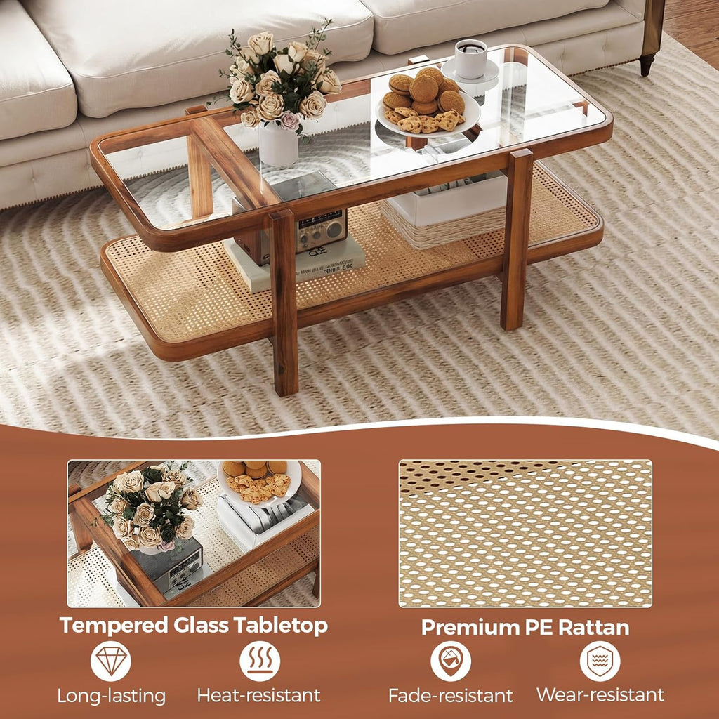 Giantex Rattan Coffee Table, 47.5" Rectangle Solid Wood Tea Table w/Tempered Glass Tabletop, Rattan Storage Shelf, 2-Tier Boho Coffee Tables, Farmhouse Center Table for Living Room (Brown)