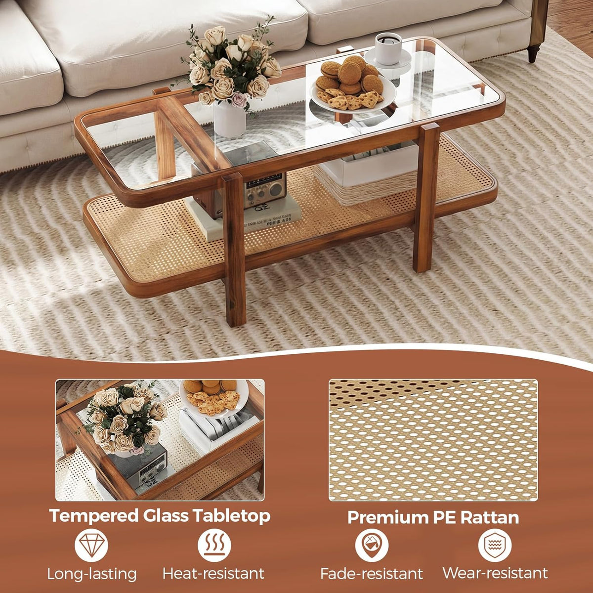Giantex Rattan Coffee Table, 47.5" Rectangle Solid Wood Tea Table w/Tempered Glass Tabletop, Rattan Storage Shelf, 2-Tier Boho Coffee Tables, Farmhouse Center Table for Living Room (Brown)