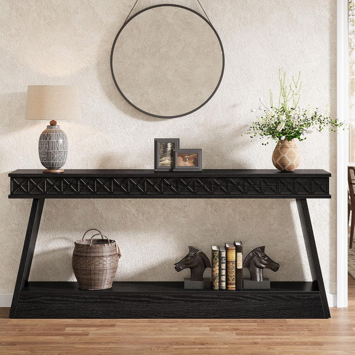 Tribesigns 70.9 Inch Long Console Table for Entryway, 2-Tier Farmhouse Entryway Table with Storage, Narrow Sofa Table Behind the Couch, Wood Accent Table for Hallway, Living Room, Foyer, Black