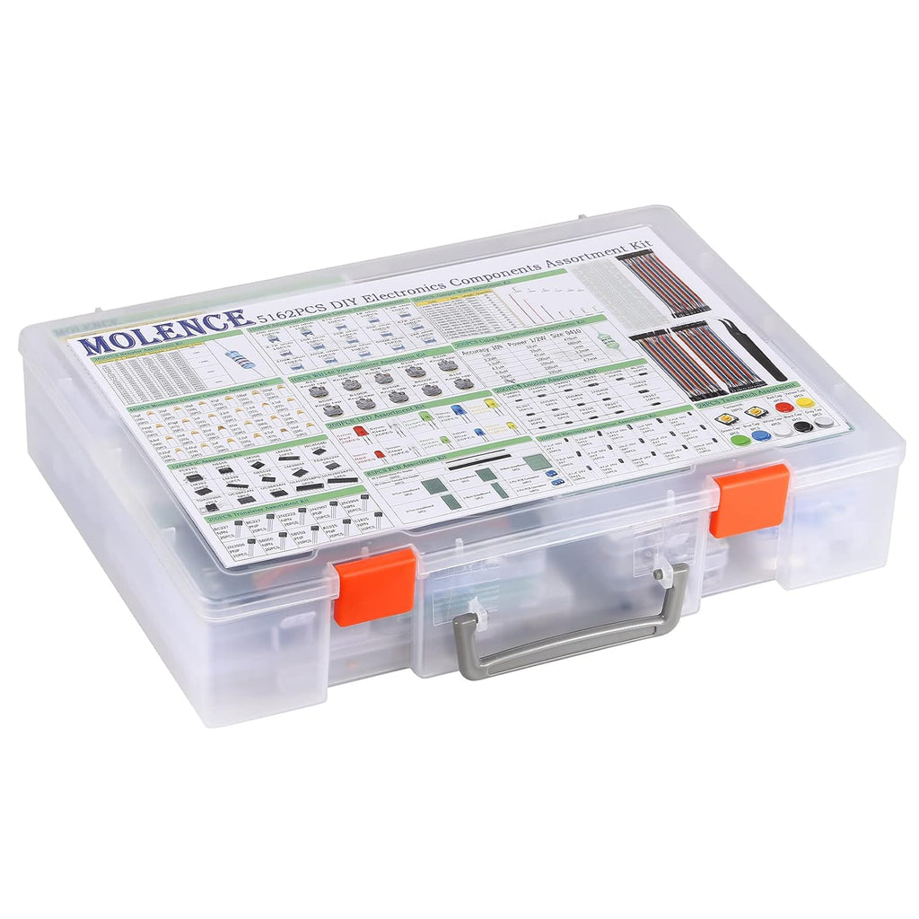 5162pcs DIY Electronics Components Kit Assortment, Resistors, Inductors, Capacitors, LED, Triode, ICS, Diodes, PCB, Potentiometer, Pin Header, Jumper Wire, Terminals, Tactswitch