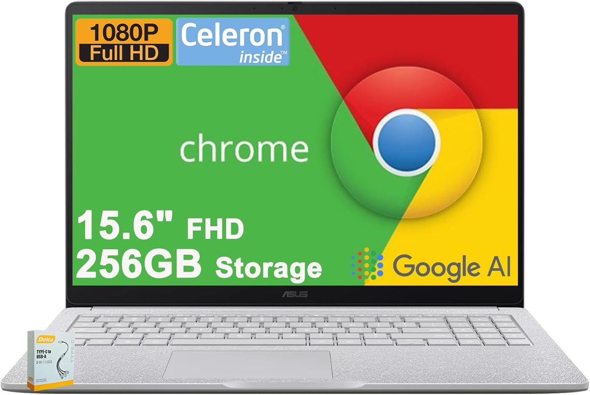 ASUS Chromebook CX15 Lightweight Student Laptop | 15.6" FHD Anti-Glare | Intel Celeron N4500 | 4GB DDR4 256GB Storage (128GB eMMC + 128GB SD Card) | Long-Lasting Battery w/DLCA Accessory Google AI