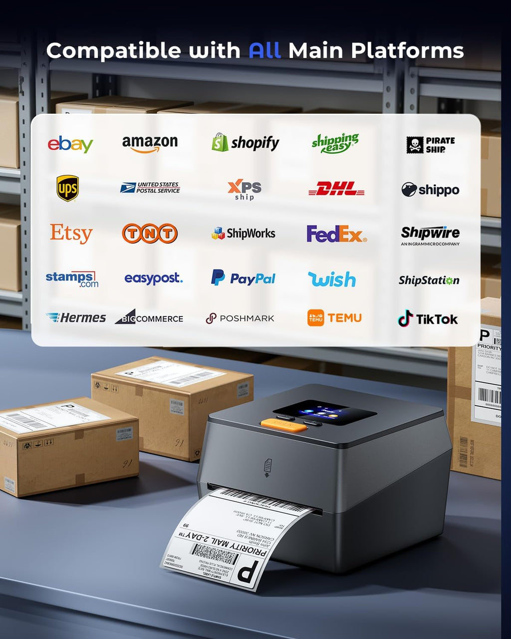 Phomemo Shipping Label Printer with Touchable Screen, 4x6 Bluetooth Thermal Label Printer with Built-in Label Holder, D420D Thermal Printers for Small Business, Compatible with USPS, Tiktok, Amazon