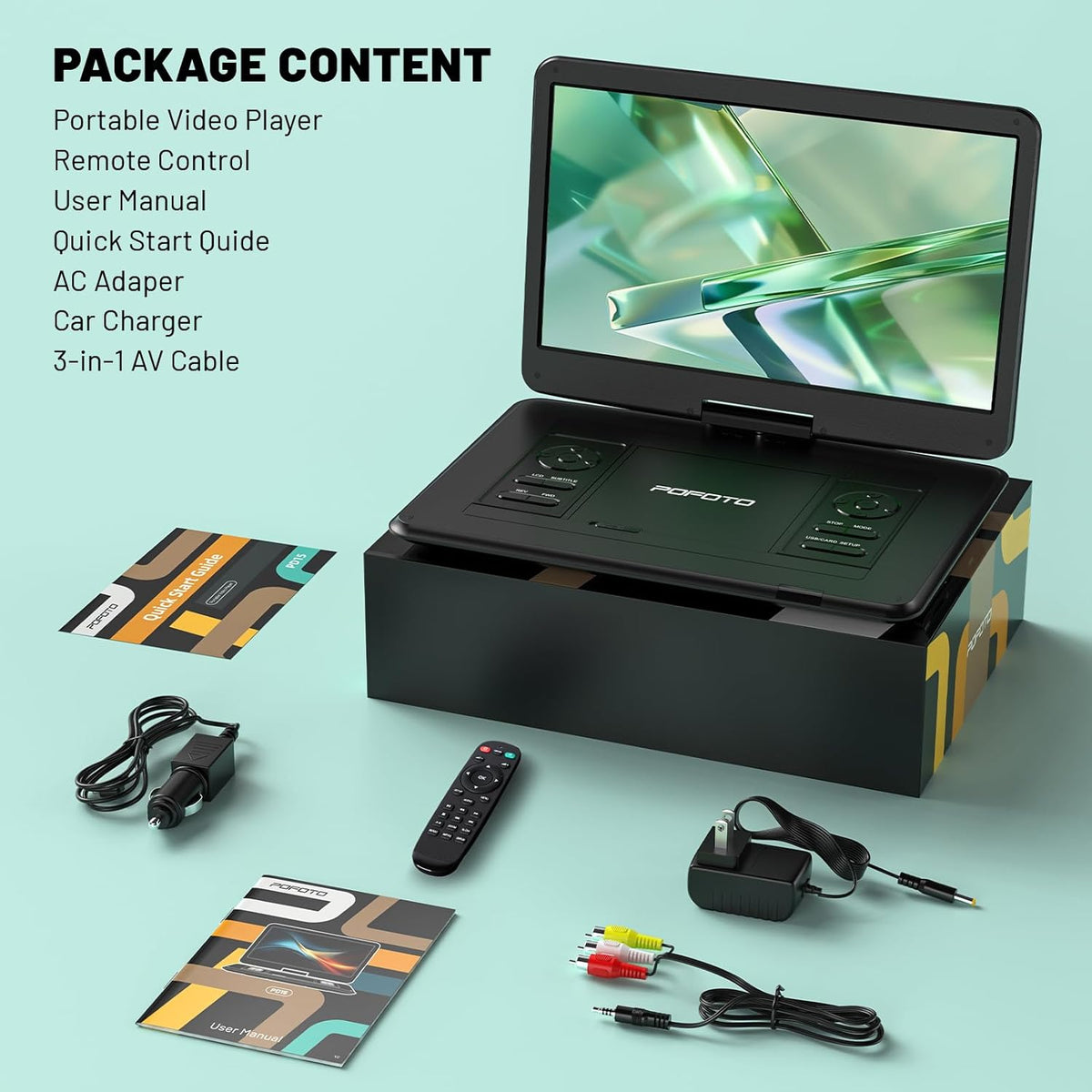 POFOTO 17.5” Portable DVD Player with 15.6” Large HD Screen, 6 Hours Rechargeable Battery, Dual Speakers, Region Free, Remote Control, Support Multi-Format Sync TV, USB/SD, Black