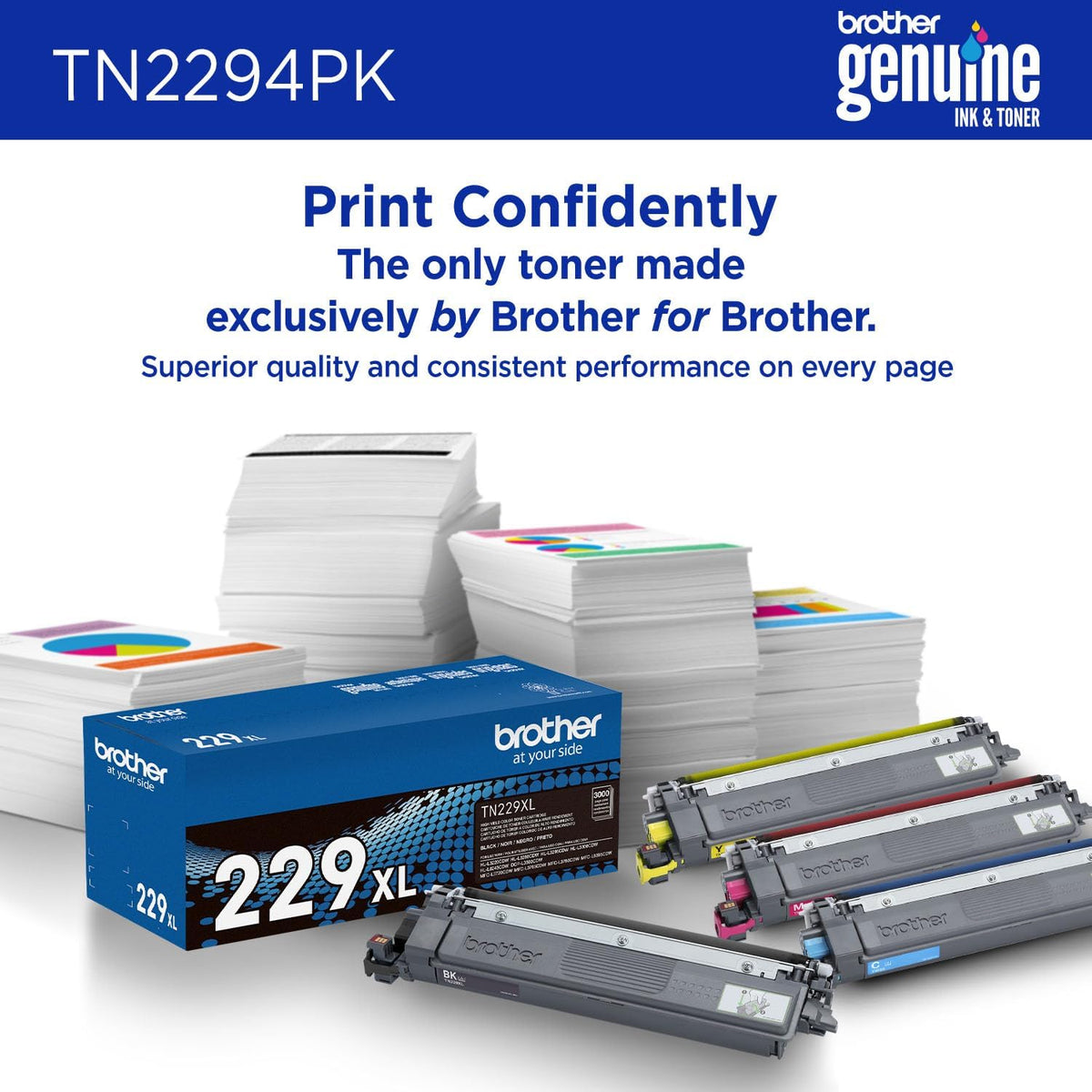 Brother Genuine TN2294PK Standard Yield 4-Pack Printer Toner Cartridges - Black, Cyan, Magenta, Yellow Toner Multipack