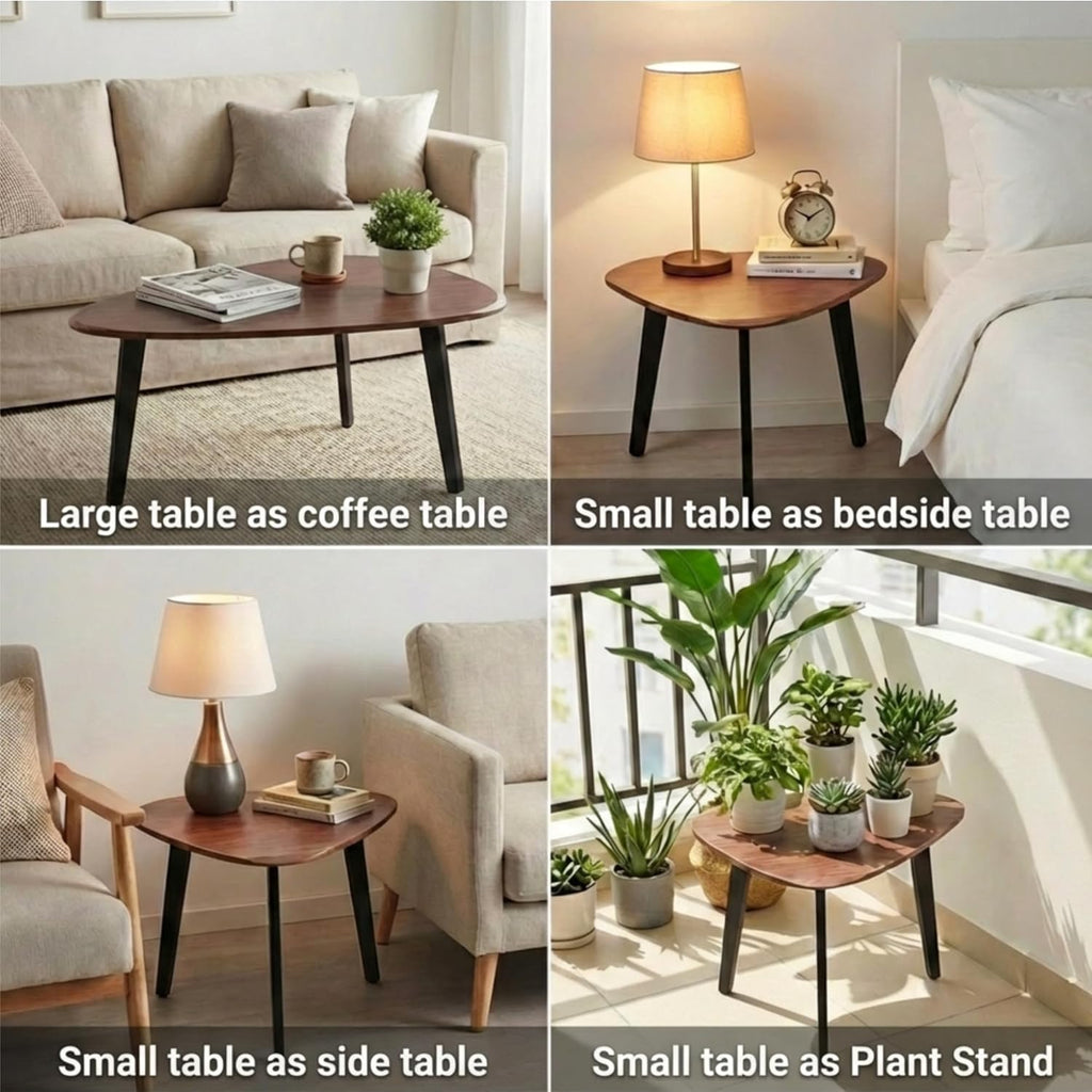 Nesting Coffee Table Set of 2-Mid Century Modern Guitar Pick Stacking Tables with Solid Wood Legs-Waterproof Triangle Center Side End Table for Small Living Room,Apartment,Balcony (Walnut)