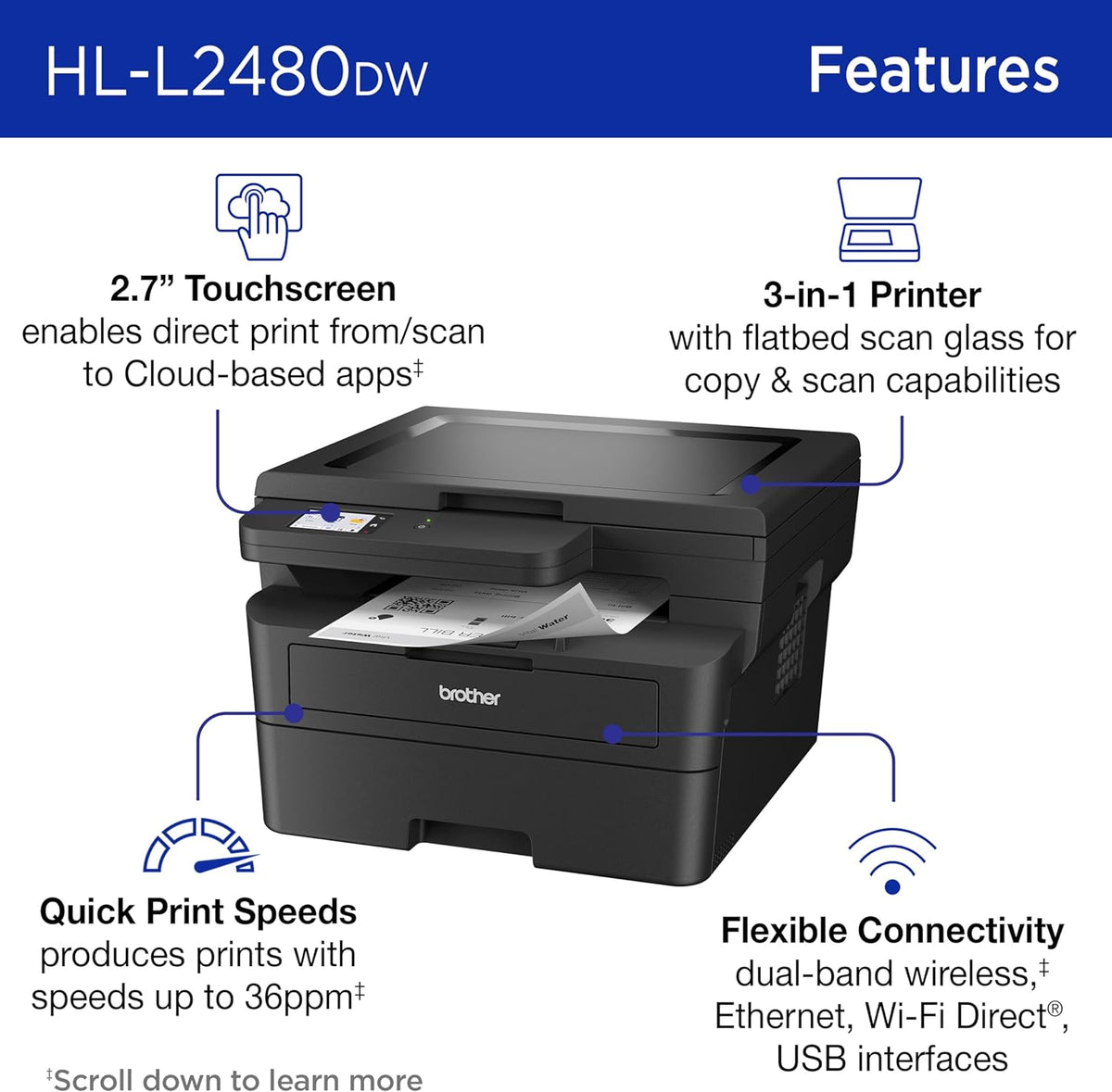 Brother HL-L2480DW Wireless Compact Monochrome Multi-Function Laser Printer with Copy and Scan, Duplex, Mobile, Black & White | Includes Refresh Subscription Trial(1), Works with Alexa