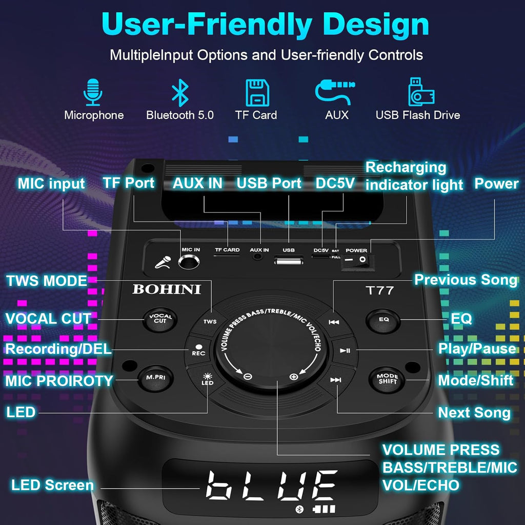 Bluetooth Speaker, 160W Peak Powerful Loud Stereo Sound Deep Bass Wireless Boombox Portable Large Party Speakers with Subwoofer TWS Pairing Dynamic LED Light for Outdoor Camping Backyard Events