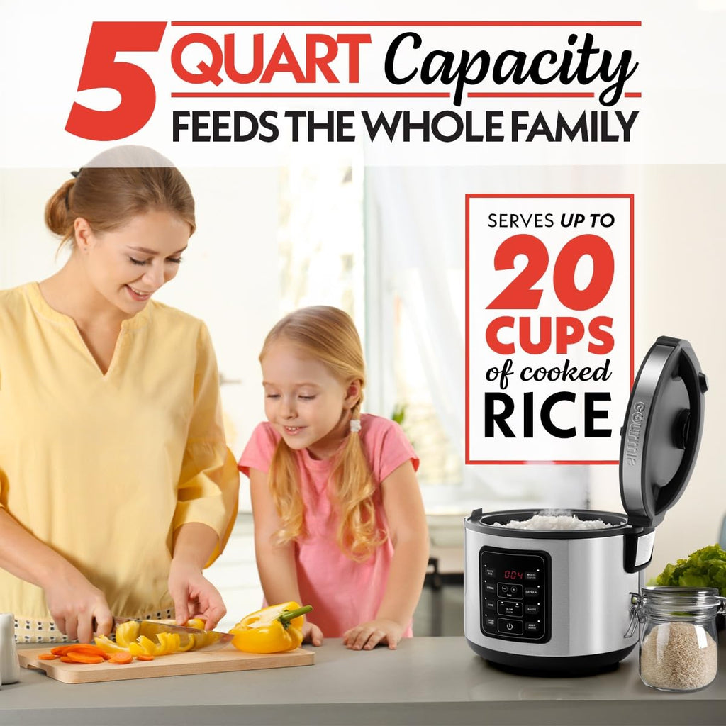 Gourmia Rice Cooker – 5 Qt Capacity, 20 Cup Cooked, 10 Cup Uncooked, Digital Controls, 6 Cooking Presets, Grain Cooker & Steamer, Nonstick Pot, Steam Tray, Delay Timer, Keep Warm, Stainless Steel