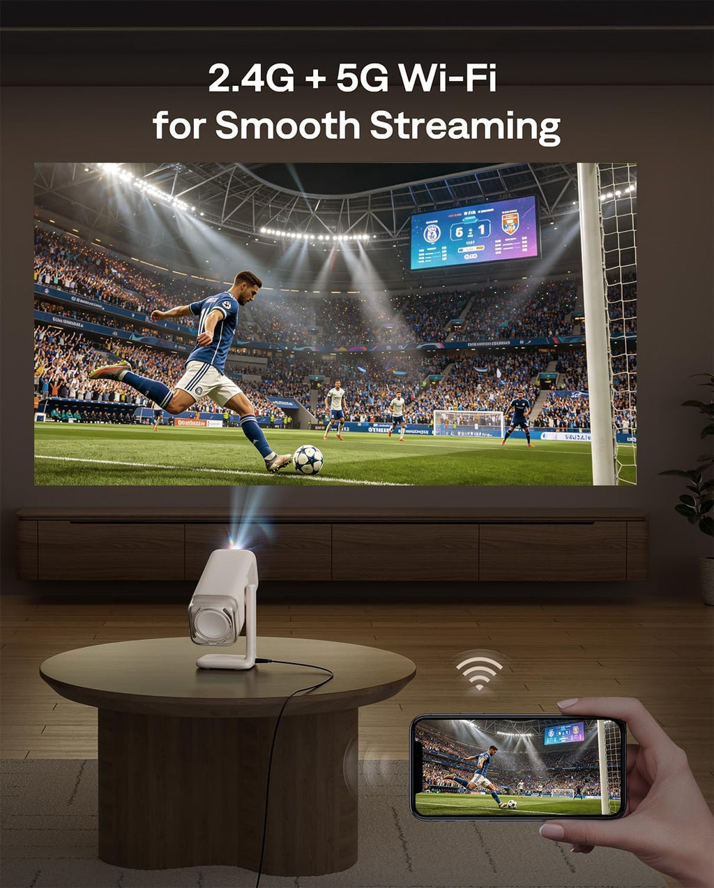 Aurzen BOOM Air Google TV Portable Projector with WiFi and Bluetooth, USB-C Powered, Smart Projector for Outdoor & Home Movie, 4K Supported, Real-Time Focus, Dolby Audio, Adjustable Stand, Off-White