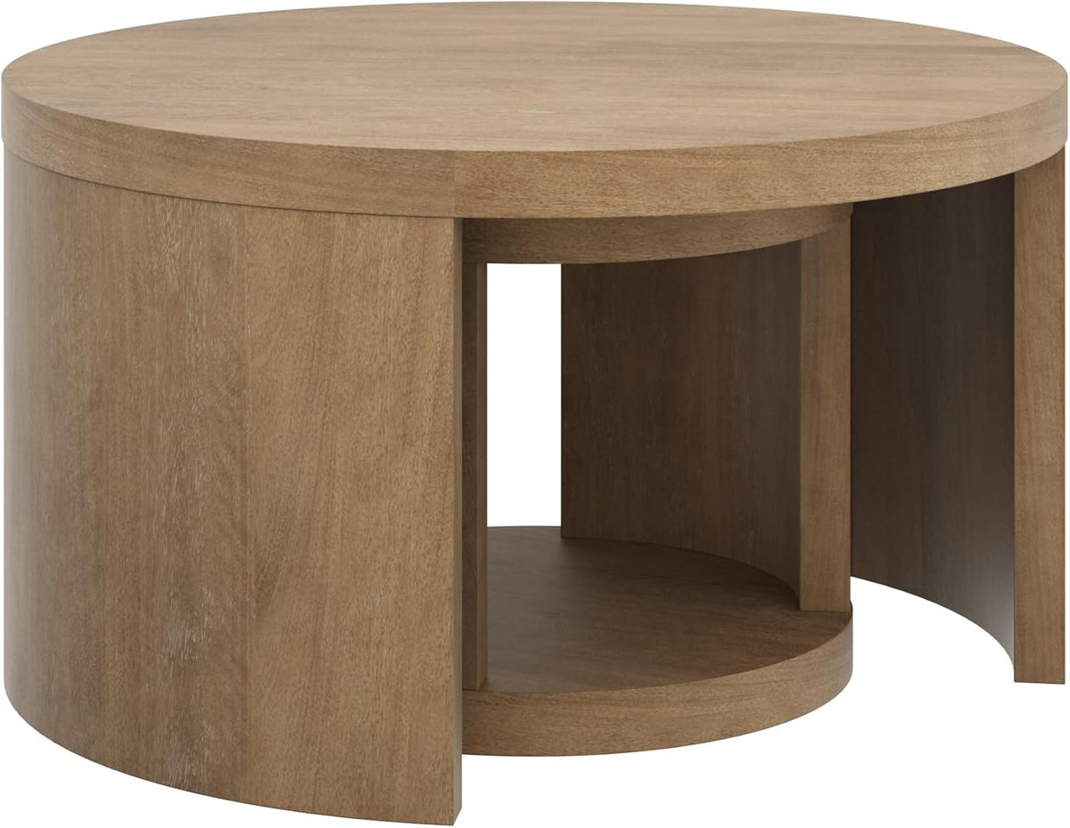 Nathan James Uchu Mid Century Modern 2-Piece Nesting Coffee Table, Round Wood Coffee Table with Storage, Light Brown