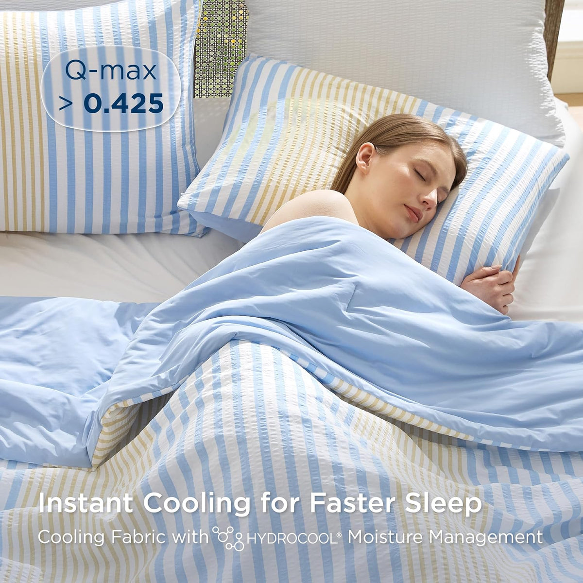 Bedsure SleepEase Cooling Comforter King Size for Summer, 3 Pieces Striped Seersucker Cooling Comforters for Hot Sleepers, Double-Sided Cool Tech Bedding Set with 1 Breathable Comforter, 2 Pillowcases