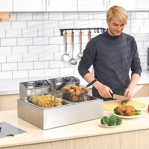Commercial Deep Fryer with Baskets, 3400W 12.7QT/12L Thickened Stainless Steel Countertop Electric Oil Fryer, Large Capacity with Temperature Control